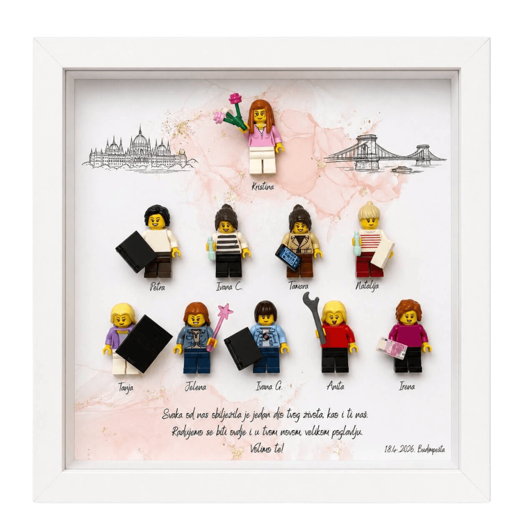 Personalizirani LEGO okvir za djevojačku zabavu s 10 figurica prijateljica, ilustracijom Budimpešte i porukom za mladenku Kristinu.