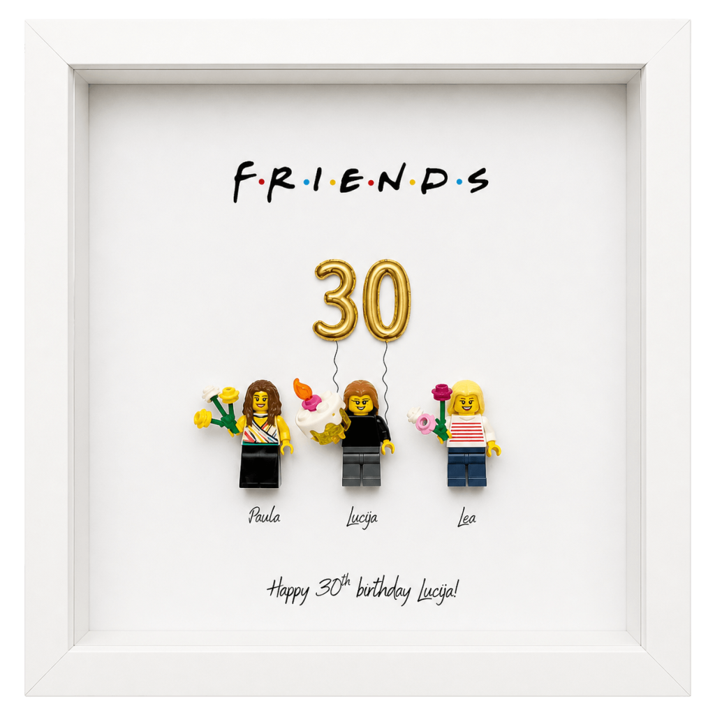 Personalizirani LEGO okvir za 30. rođendan s 3 figurice prijateljica, zlatnim balonima i dizajnom inspiriranim serijom Friends.