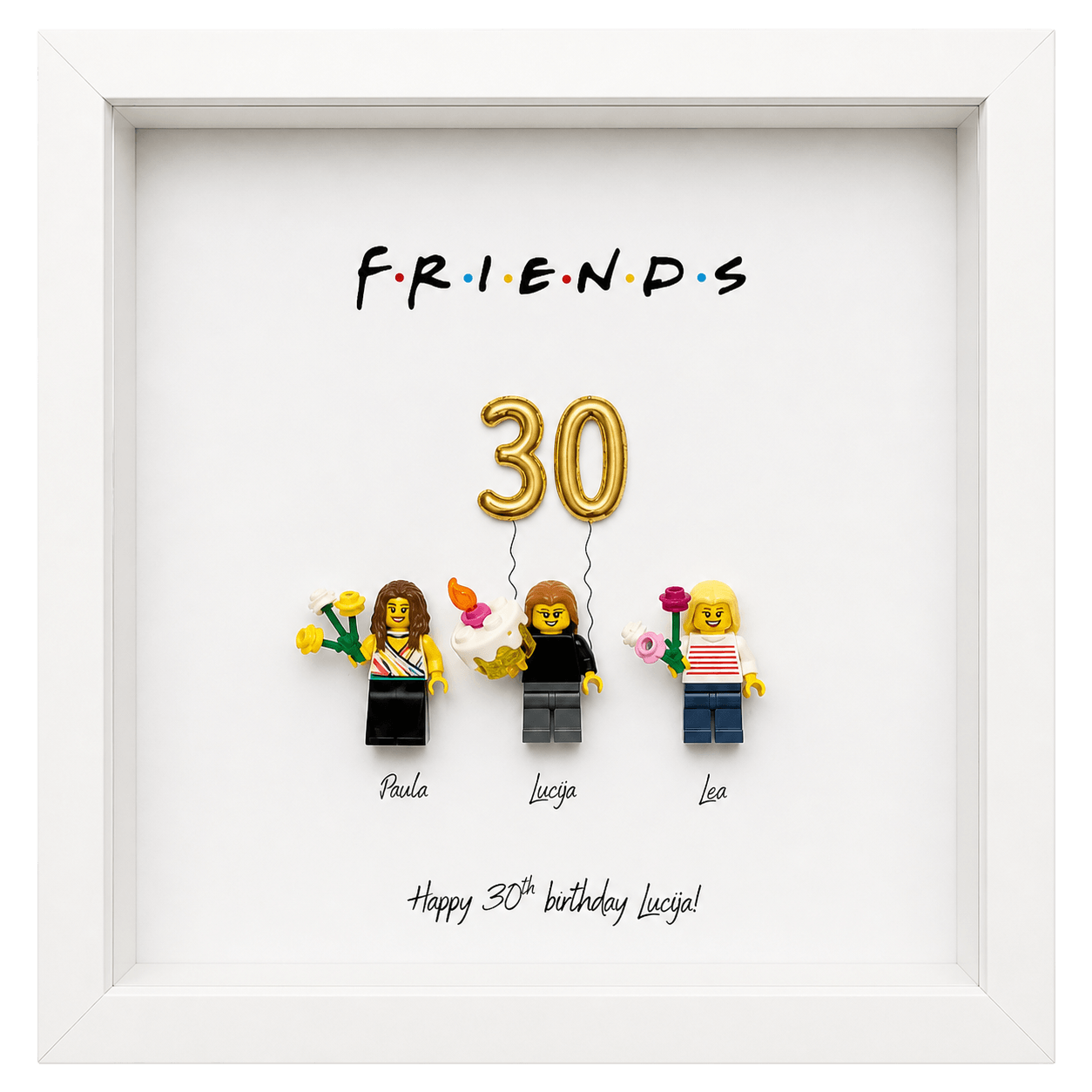 Personalizirani LEGO okvir za 30. rođendan s 3 figurice prijateljica, zlatnim balonima i dizajnom inspiriranim serijom Friends.